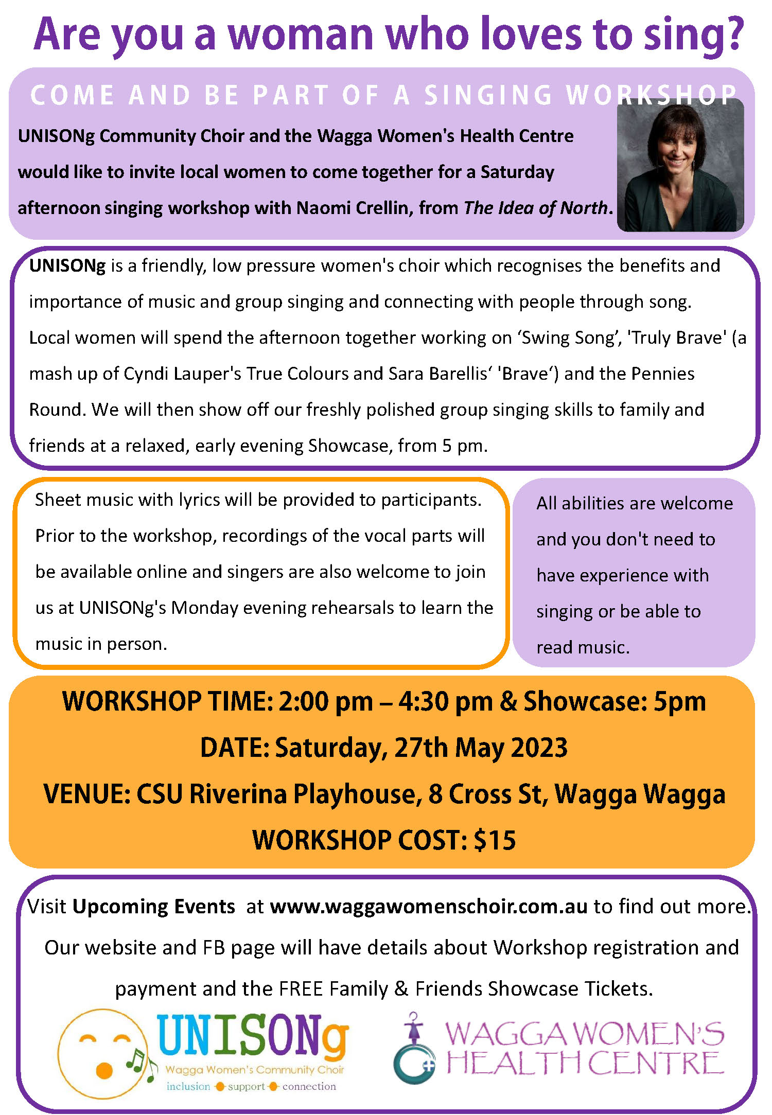Community Singing Workshop with Naomi Crellin for Local Riverina Women Community Singing Workshop with Naomi Crellin for Local Riverina Women