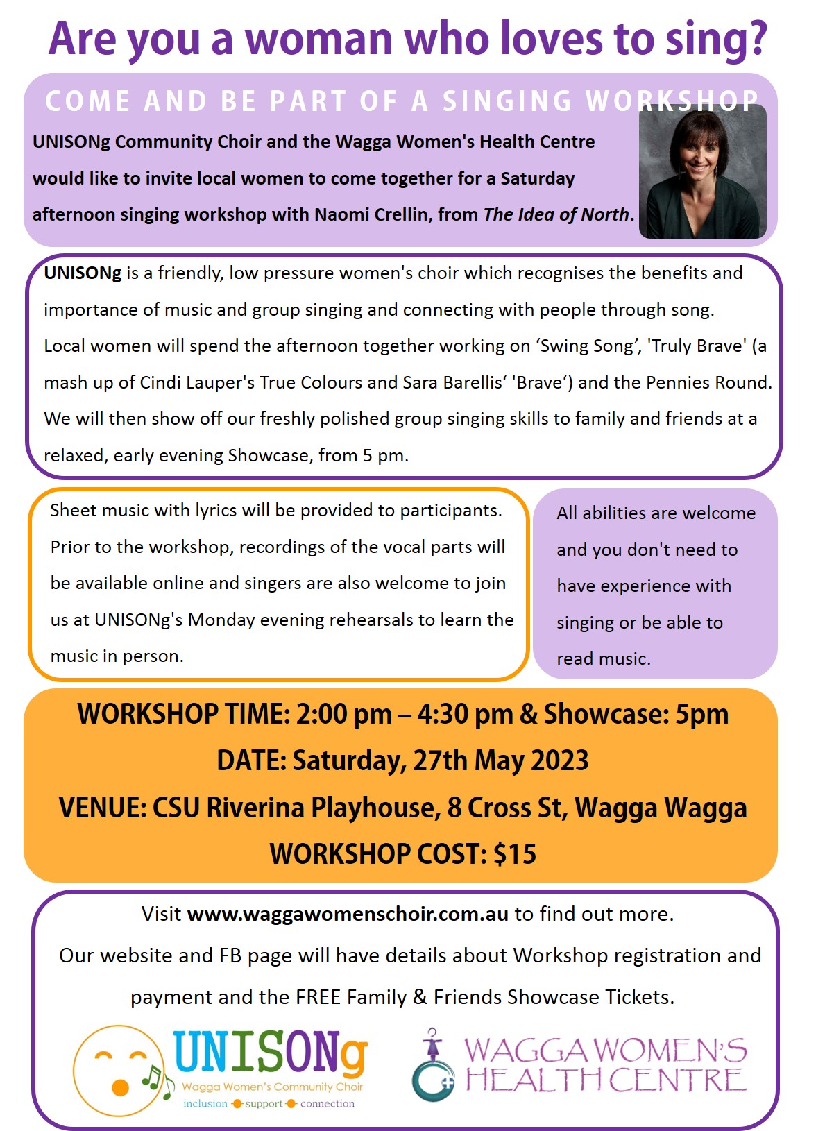 Naomi Crellin's Community Women's Choir Workshop in Wagga